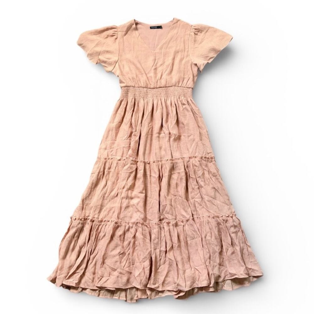 Mikarose Apricot Flutter Sleeve Boho Whimsical Tiered V-Neck Maxi Dress Sz L NWT